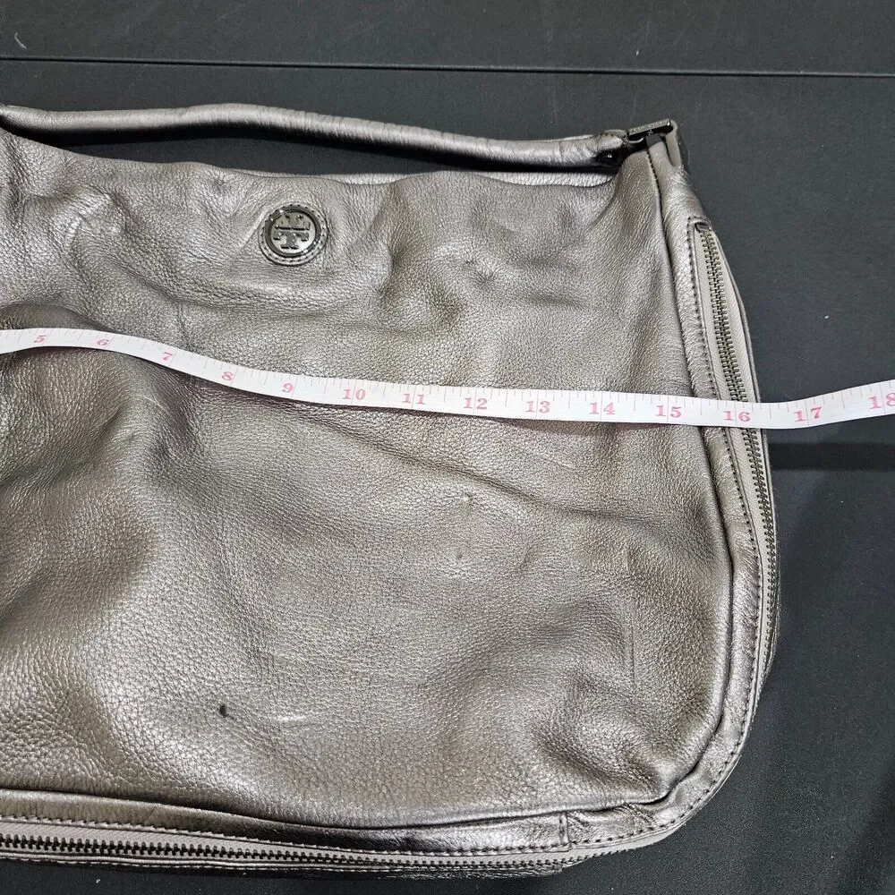 Tory Burch Metallic Gray Pebbled Leather Hobo Shoulder Bag Messenger Everyday